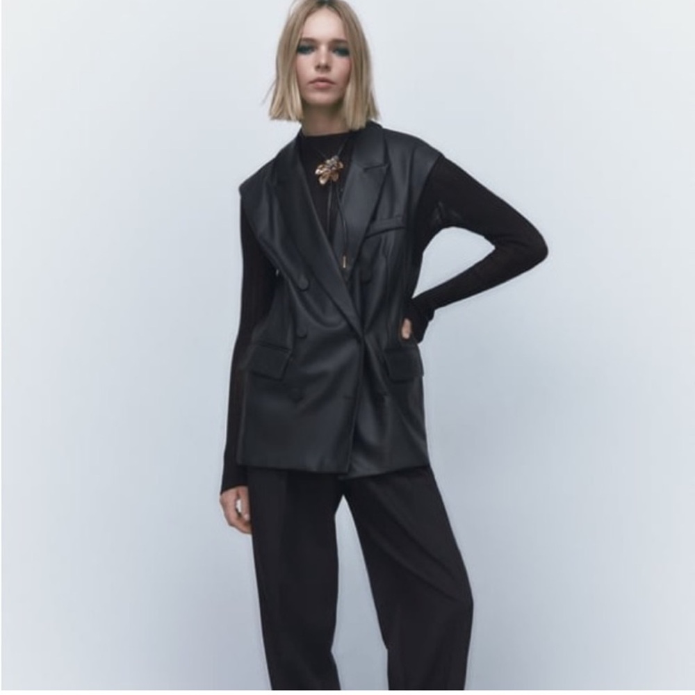 Zara Size L Double Breasted Vegan Leather Vest Black